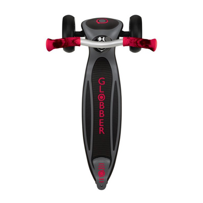 Black Globber Master Prime 3-Wheel Scooter for kids with red accents, featuring sturdy handles and a sleek design.