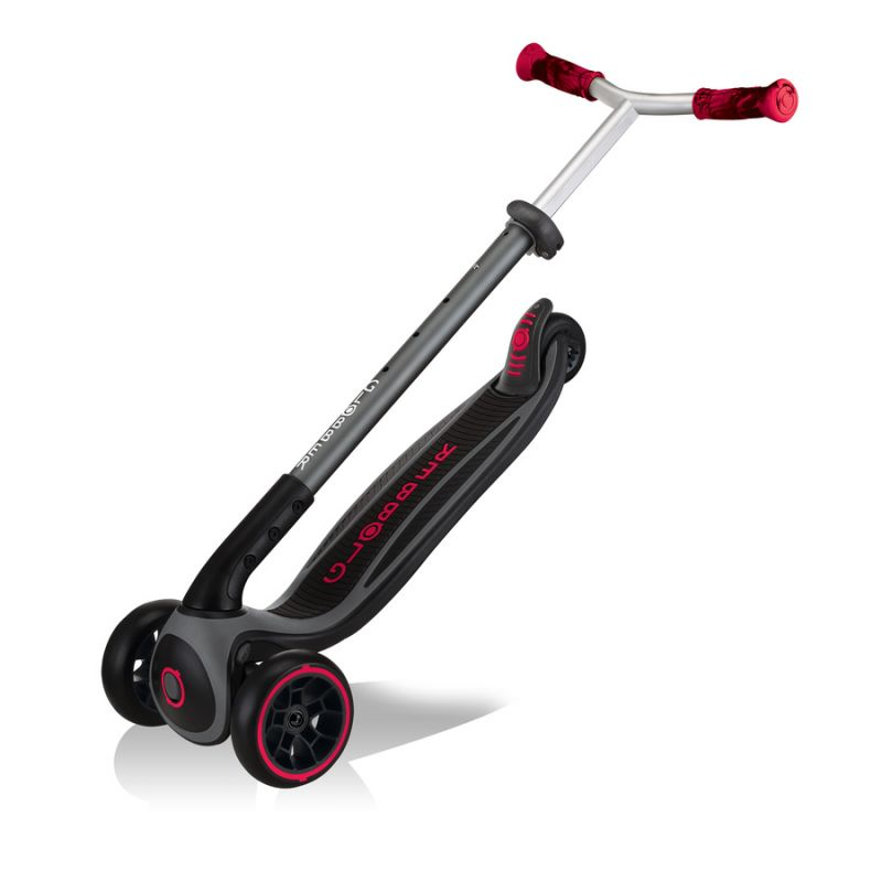 Start2Finish Globber Master Prime black and red 3-wheel scooter for kids, featuring sturdy design and adjustable handlebars.