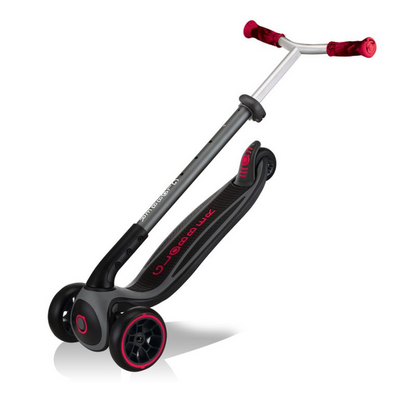 Start2Finish Globber Master Prime black and red 3-wheel scooter for kids, featuring sturdy design and adjustable handlebars.