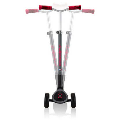 Globber Master Prime 3-Wheel Scooter for kids, black with red accents, featuring sturdy handlebars and colorful wheels.