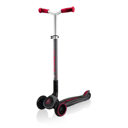 Globber Master Prime 3-Wheel Scooter in black with red accents, designed for kids, featuring sturdy frame and easy grip handlebars.