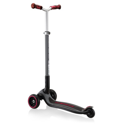 Globber Master Prime 3-wheel scooter in black with red accents, designed for kids, featuring sturdy construction and a secure grip handle.
