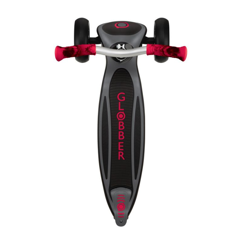 Globber Master Prime 3-Wheel Scooter for kids, black with red accents, featuring sturdy handlebar and three-wheel stability.