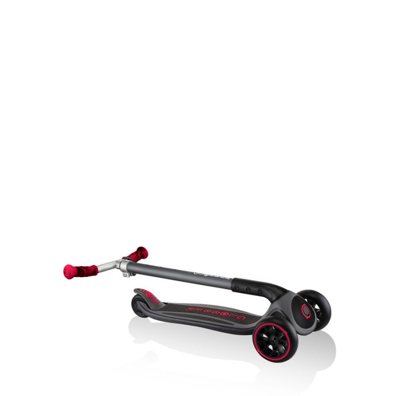Black Globber Master Prime 3-Wheel Scooter with red accents, designed for kids, featuring sturdy build and easy steering.
