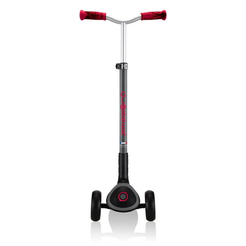 Black Globber Master Prime 3-Wheel Scooter with red accents, featuring a sturdy deck and adjustable handlebar for kids.