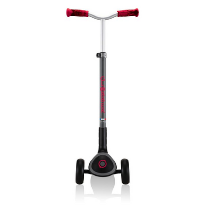 Black Globber Master Prime 3-Wheel Scooter with red accents, featuring a sturdy deck and adjustable handlebar for kids.