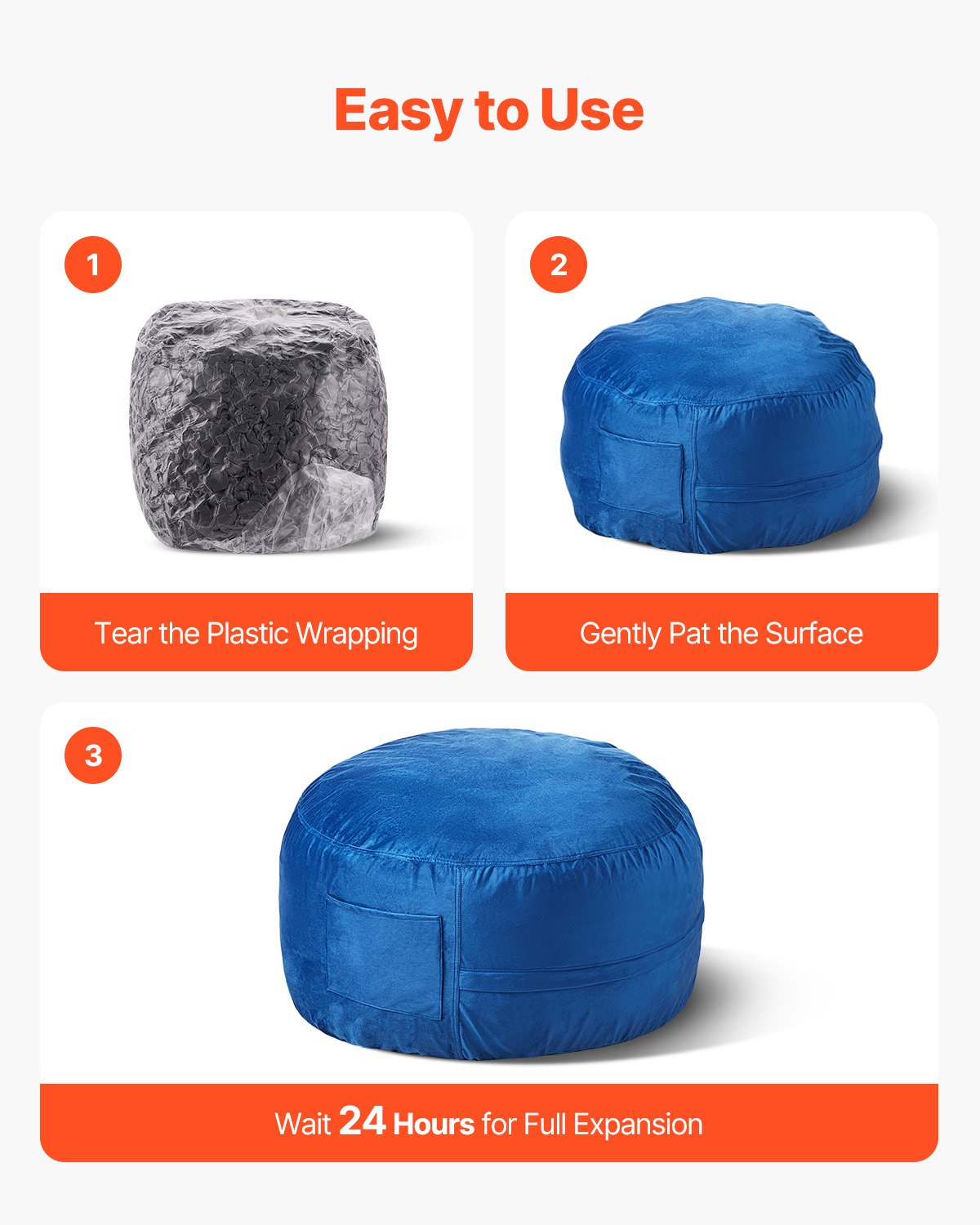 Start2Finish VEVOR blue 3-foot round bean bag chair with removable washable cover, filled with memory foam and Dutch velvet fabric.