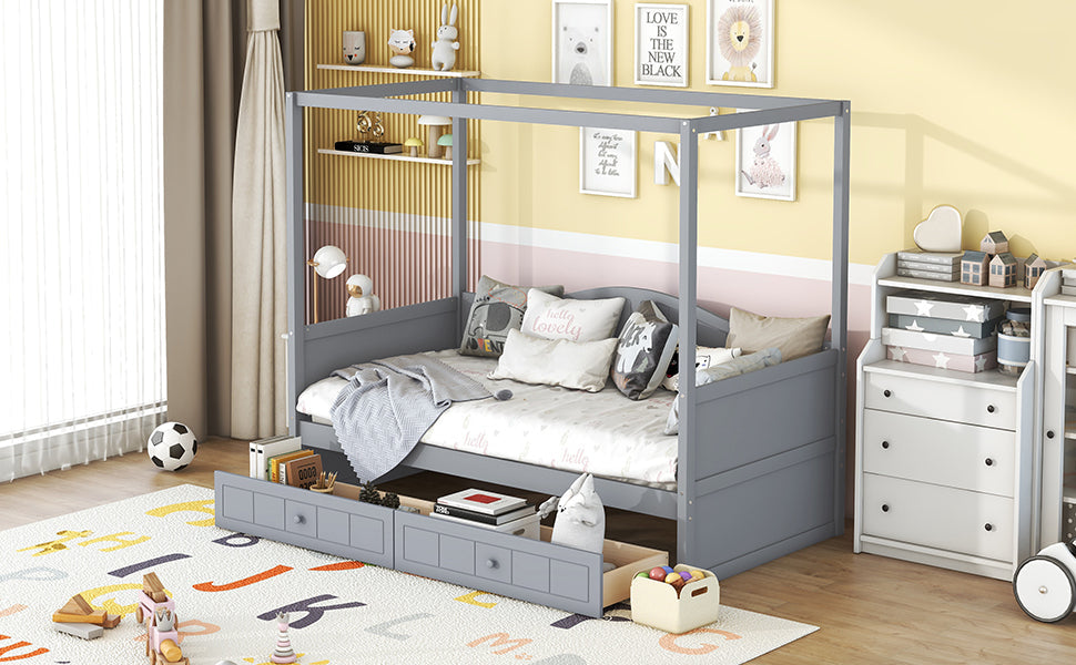 Twin Size Canopy Day Bed with 2 Drawers, Canopy Bed Frame for Bedroom
