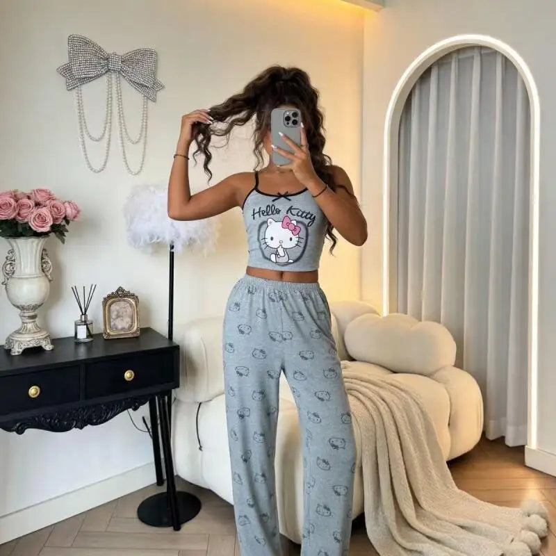 2026 Hot Style Hello Kitty Summer New Women's Black Suspender Pajama Set Comfortable Cartoon Two-Piece Home Clothes Casual Sexy