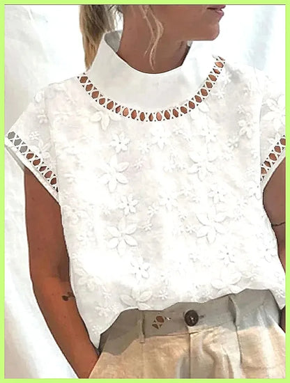Women's Cotton Linen Pullover Shirt, Elegant Lace Trim Slim Fit Stand Collar Top for Summer Streetwear