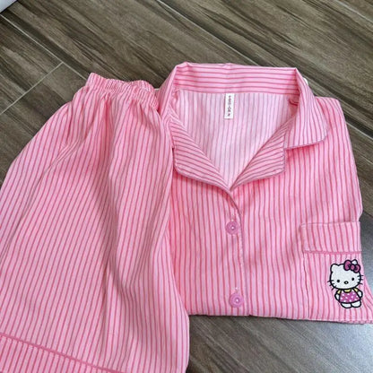 Hello Kitty Short-Sleeved Embroidered Popular Cartoon Pajamas for Women In Summer Sweet Loose Comfortable Breathable Home Wear