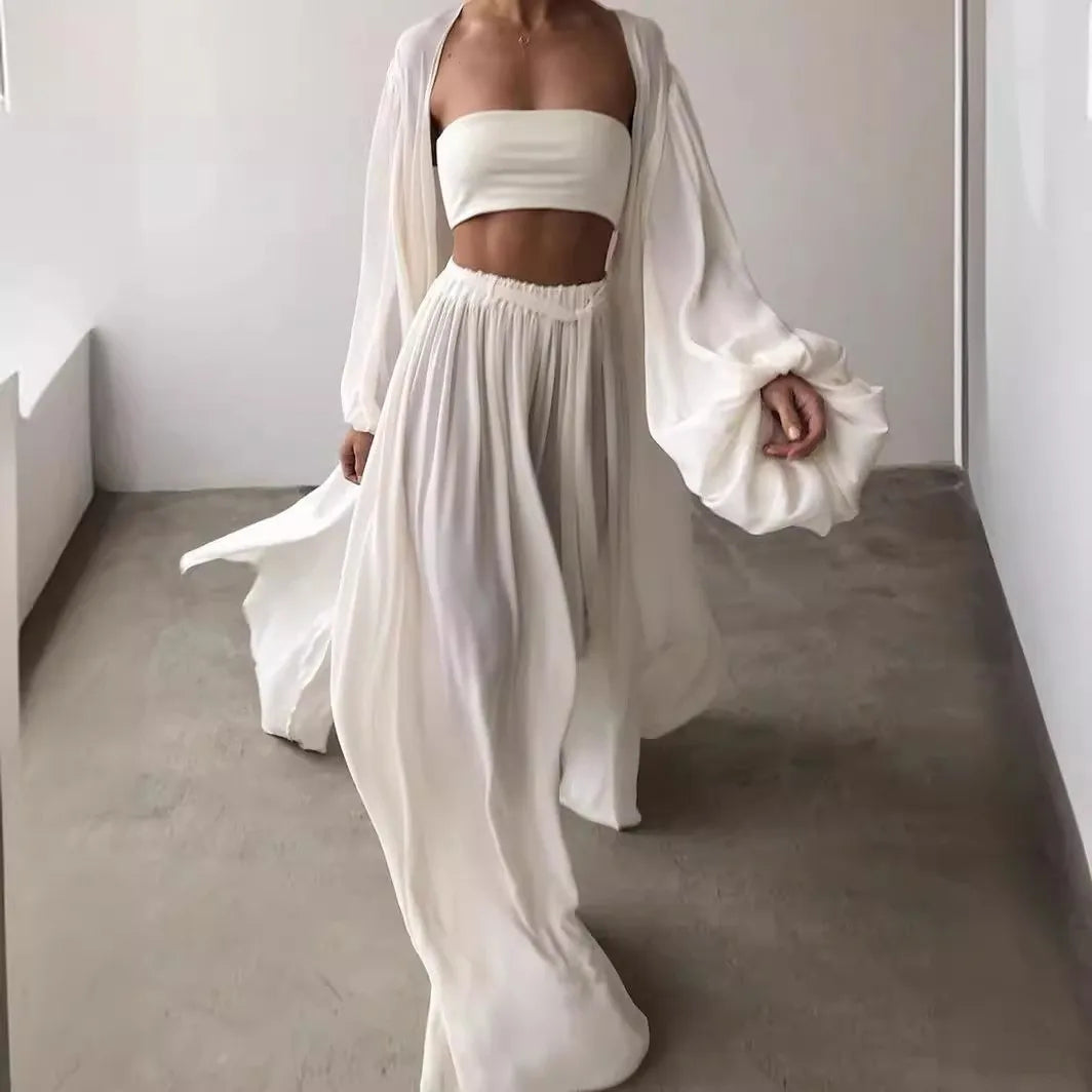 Summer Spring Women's Clothing Two Piece Set Long Sleeve Lantern Sleeve Solid Color Outfit Women's Suit Polyester Streetwear