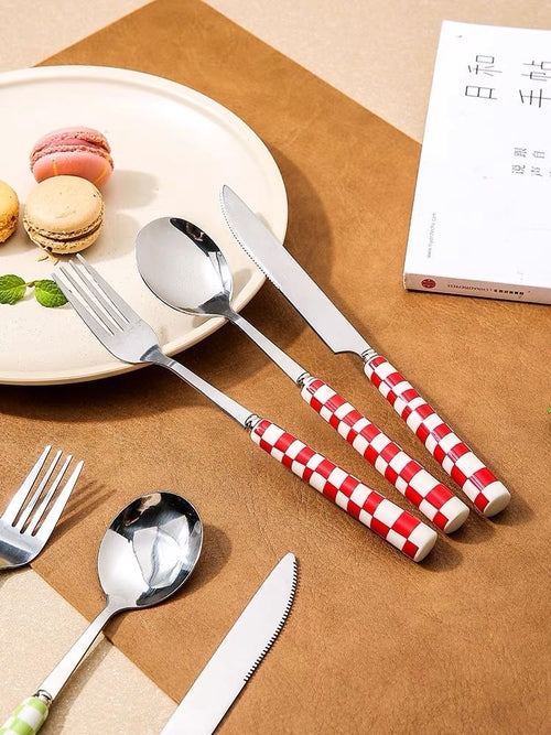 Six-piece set of modern checkered flatware from Inspecial Home, featuring stylish silverware for home decor.