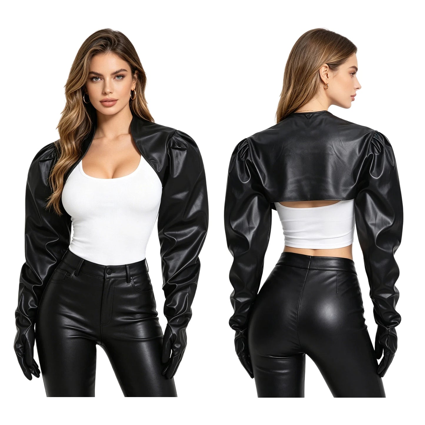 Womens Wet Look PU Leather Cardigan Crop Jacket Puff Loose Long Sleeve Open Front Coat Shrug Shawls with Gloves Party Clubwear