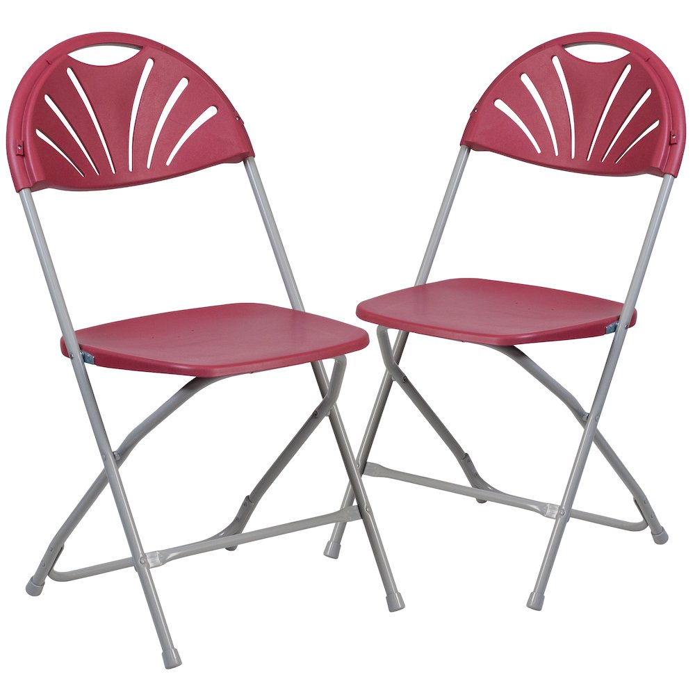 Two burgundy plastic folding chairs with fan back design from Start2Finish Hercules Series, 650 lb. weight capacity, side view.