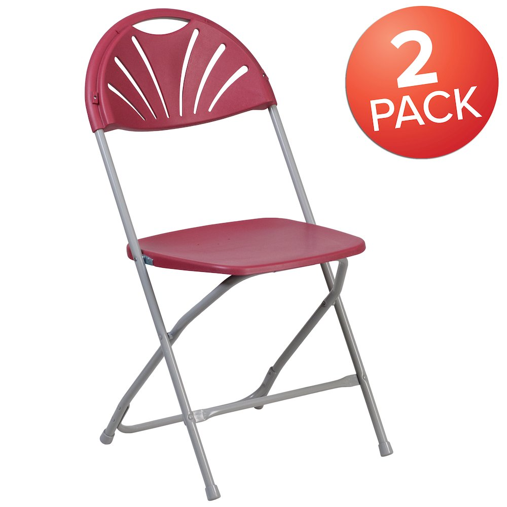Two burgundy plastic folding chairs with fan back design, 650 lb. capacity, from Start2Finish Hercules series.