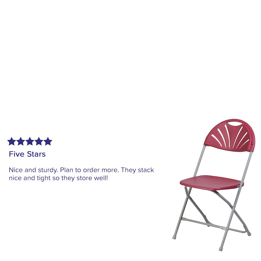 Start2Finish Hercules series burgundy plastic fan back folding chair, 2-pack, with 650 lb. weight capacity and durable design.