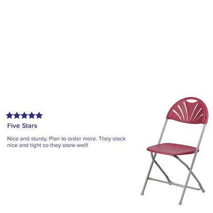 Start2Finish Hercules series burgundy plastic fan back folding chair, 2-pack, with 650 lb. weight capacity and durable design.
