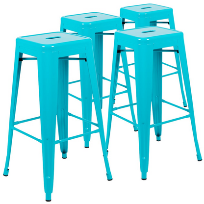 Set of four 30-inch teal metal indoor bar stools by Start2Finish, stackable with modern design and sturdy construction.