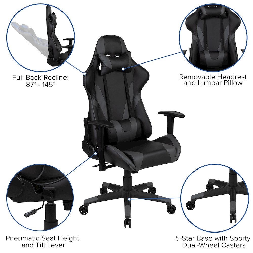 Black gaming desk and gray reclining gaming chair set by Start2Finish, with spacious desk surface and ergonomic chair design.