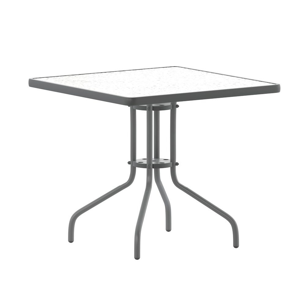 Square Start2Finish patio table with sturdy metal frame and wooden top, ideal for restaurants, banquet halls, and dining rooms.