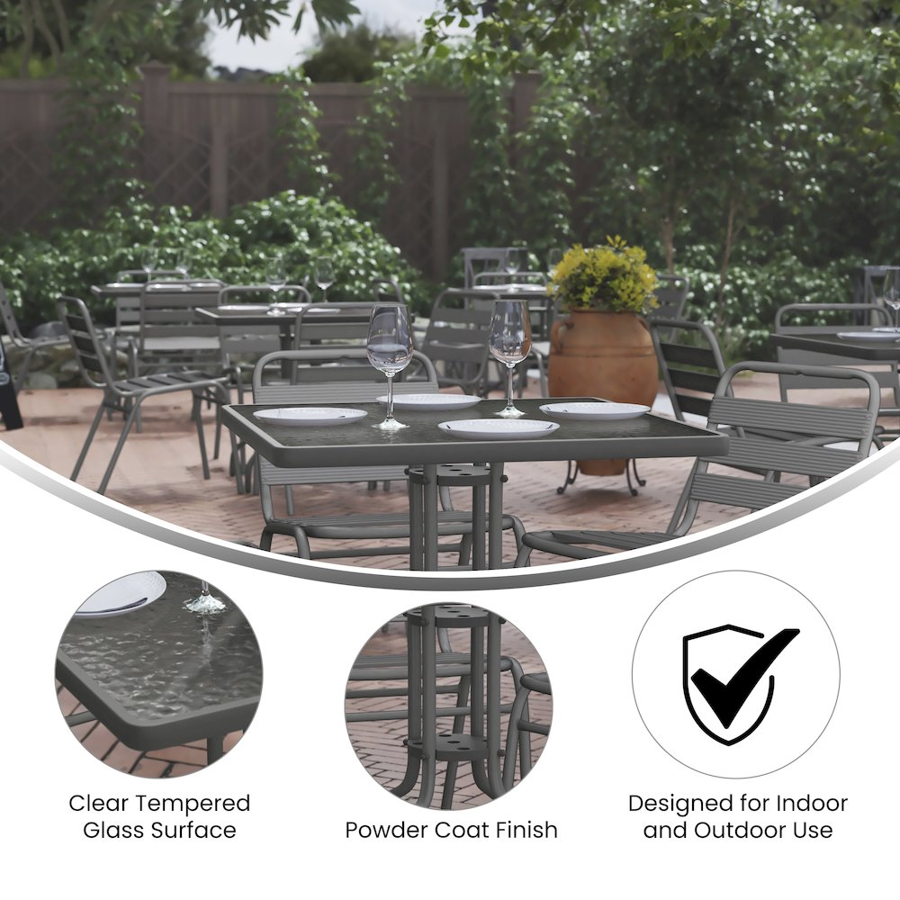 Square Start2Finish patio table for restaurants and banquet halls with sturdy wooden top and metal legs, ideal for dining areas.