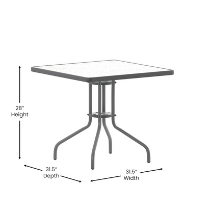 Square patio table by Start2Finish with sturdy metal frame and wooden top, ideal for restaurant, banquet hall, or dining room use.