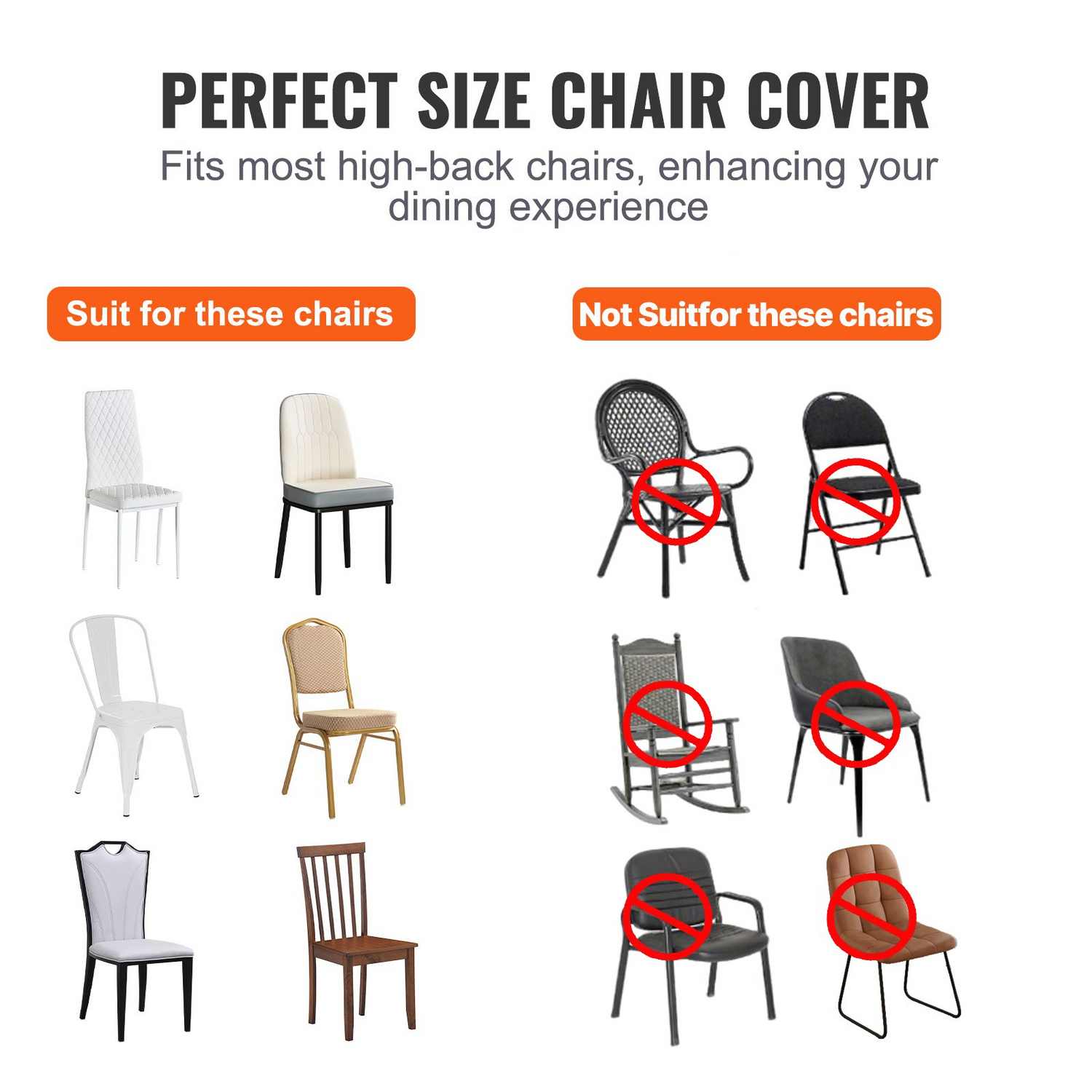 Set of white VEVOR stretch spandex folding chair covers, universal fitted, washable slipcovers for weddings, parties, and events.