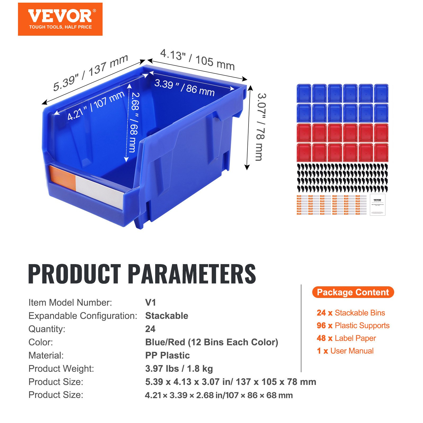 Start2Finish VEVOR plastic storage bins, 5x4x3 inches, blue and red, stackable hanging organizer containers for closet, kitchen, or pantry
