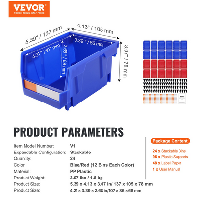 Start2Finish VEVOR plastic storage bins, 5x4x3 inches, blue and red, stackable hanging organizer containers for closet, kitchen, or pantry