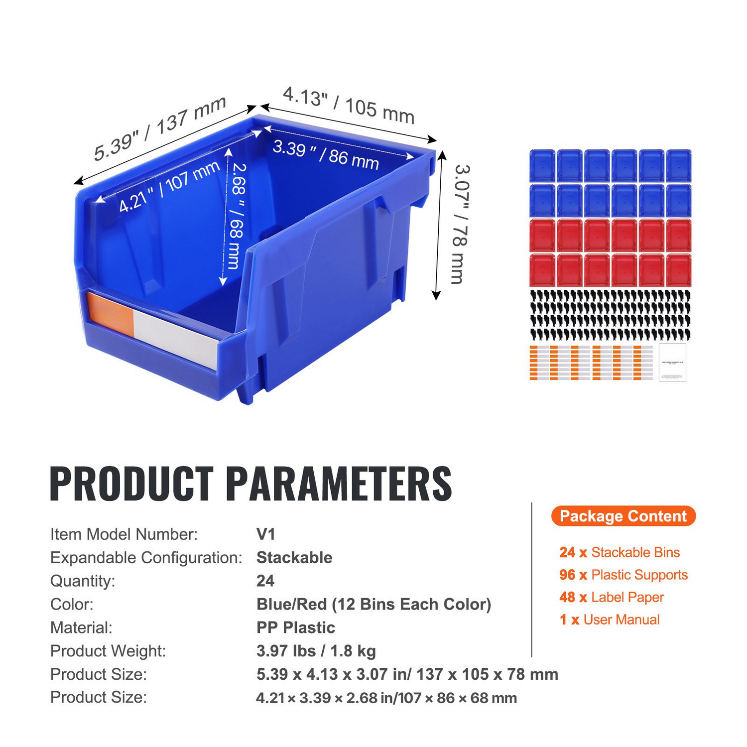 Stackable VEVOR plastic storage bins in blue and red, 5x4x3 inches, for closet, kitchen, or office organization, 24-pack.