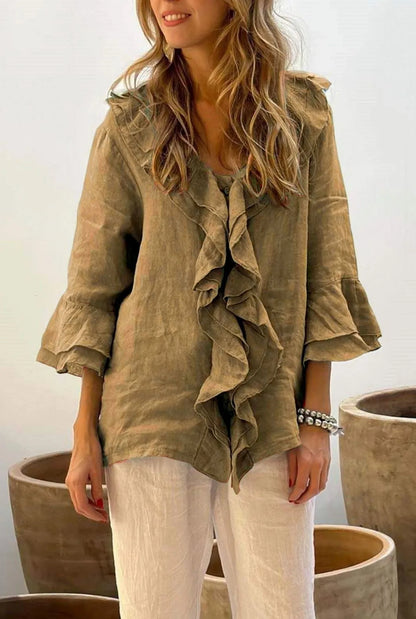 Autumn Women's Clothing Solid Color V Neck Ruffle Trim Button Front Loose Fit Long Sleeve Top For Woman Polyester Casual Blouse