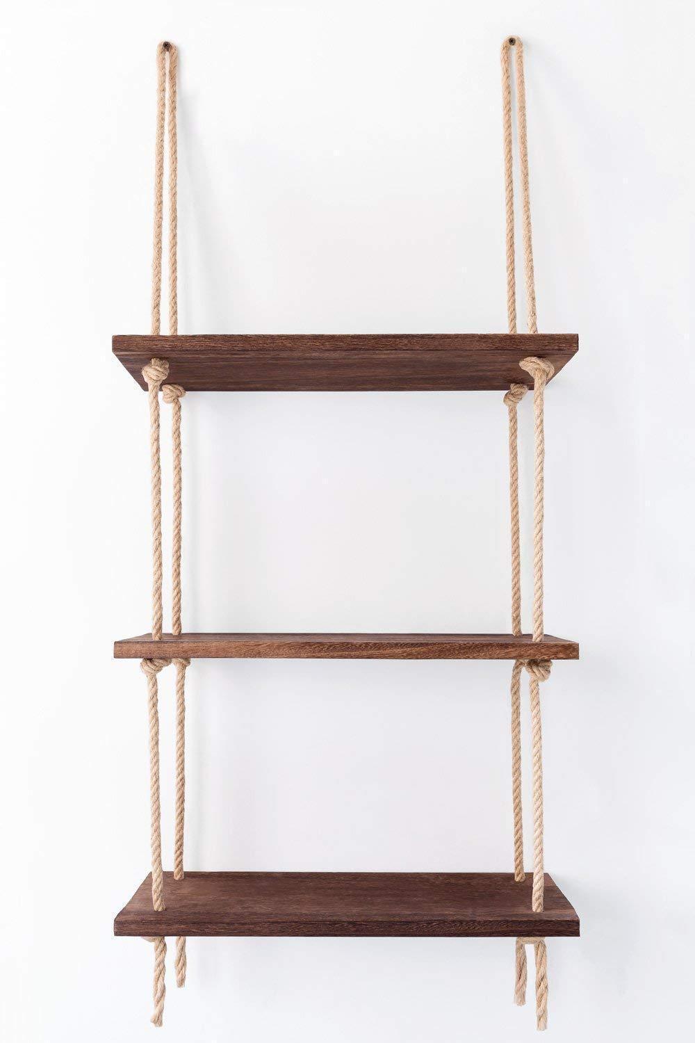 Wood Hanging Shelf Wall Swing Storage Shelves with Jute Rope, 3 Tier