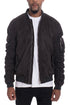 Grey smoke faux suede tagged bomber jacket by Lime Milo, showing front view with collar and zipper details.