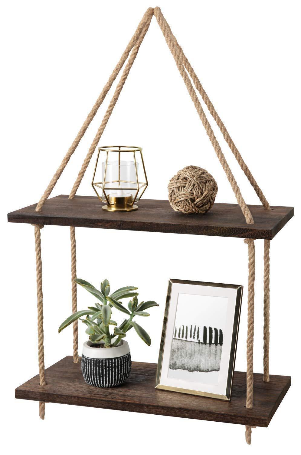 Wood Hanging Shelf Wall Swing Storage Shelves Jute Rope Organizer