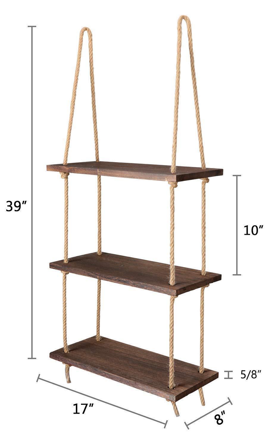 Wood Hanging Shelf Wall Swing Storage Shelves with Jute Rope, 3 Tier