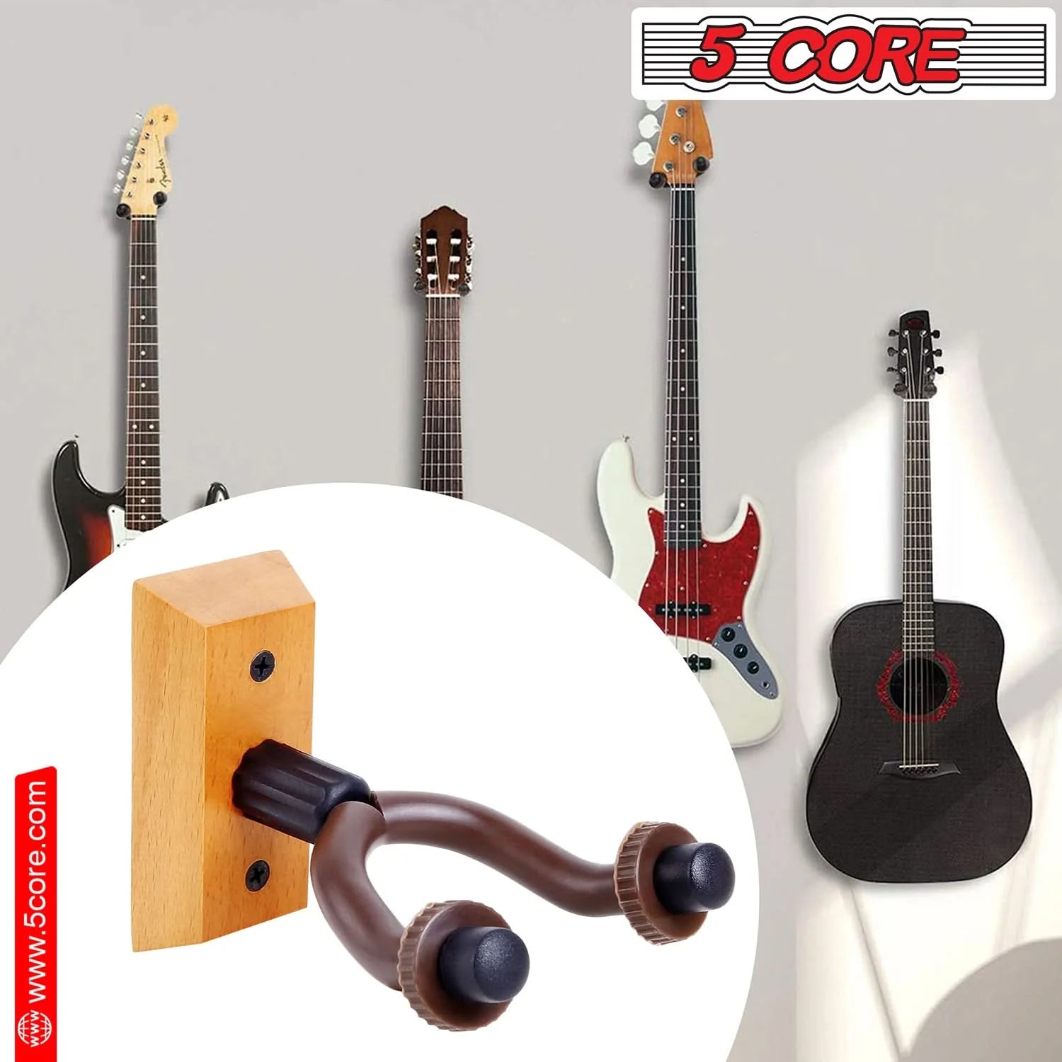 5Core Guitar Wall Mount Hanger 2Pack U-Shaped Wood Guitar Wall Hook