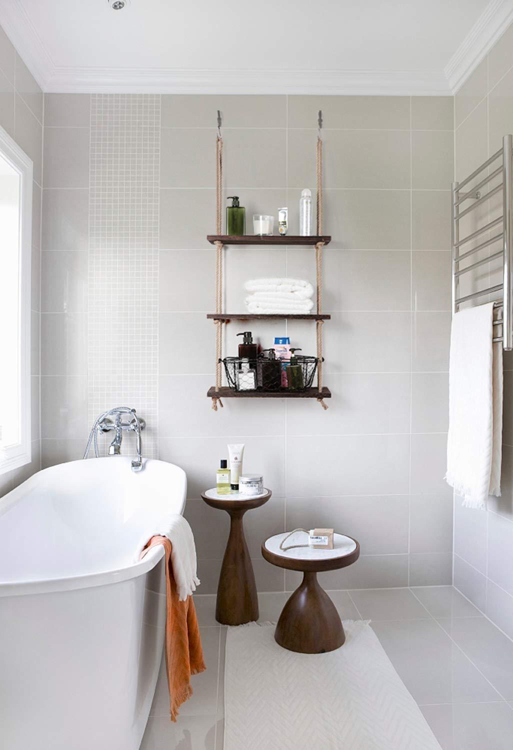 Wood Hanging Shelf Wall Swing Storage Shelves with Jute Rope, 3 Tier