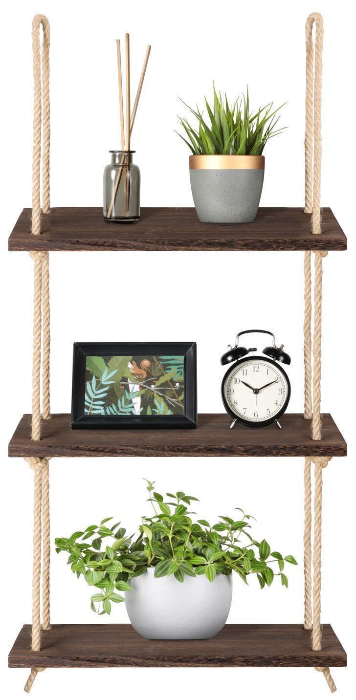 Wood Hanging Shelf Wall Swing Storage Shelves with Jute Rope, 3 Tier