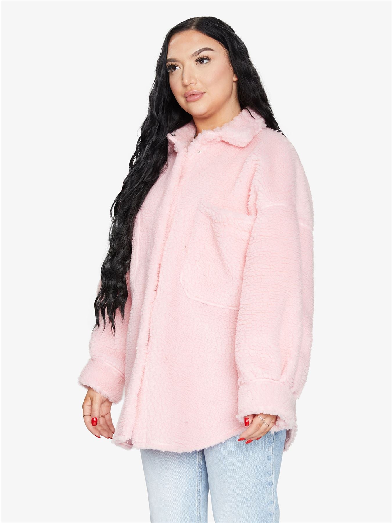 Rose Eleusis oversized patch pocket borg teddy shacket with a cozy, plush fabric, featuring large patch pockets and a relaxed fit.
