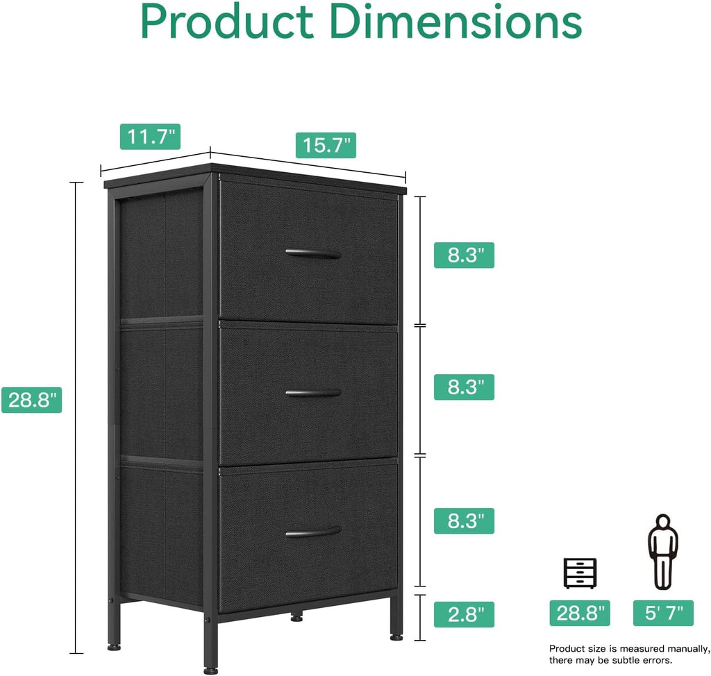 Black 3 Drawer Dresser Nightstand For Bedroom Compact