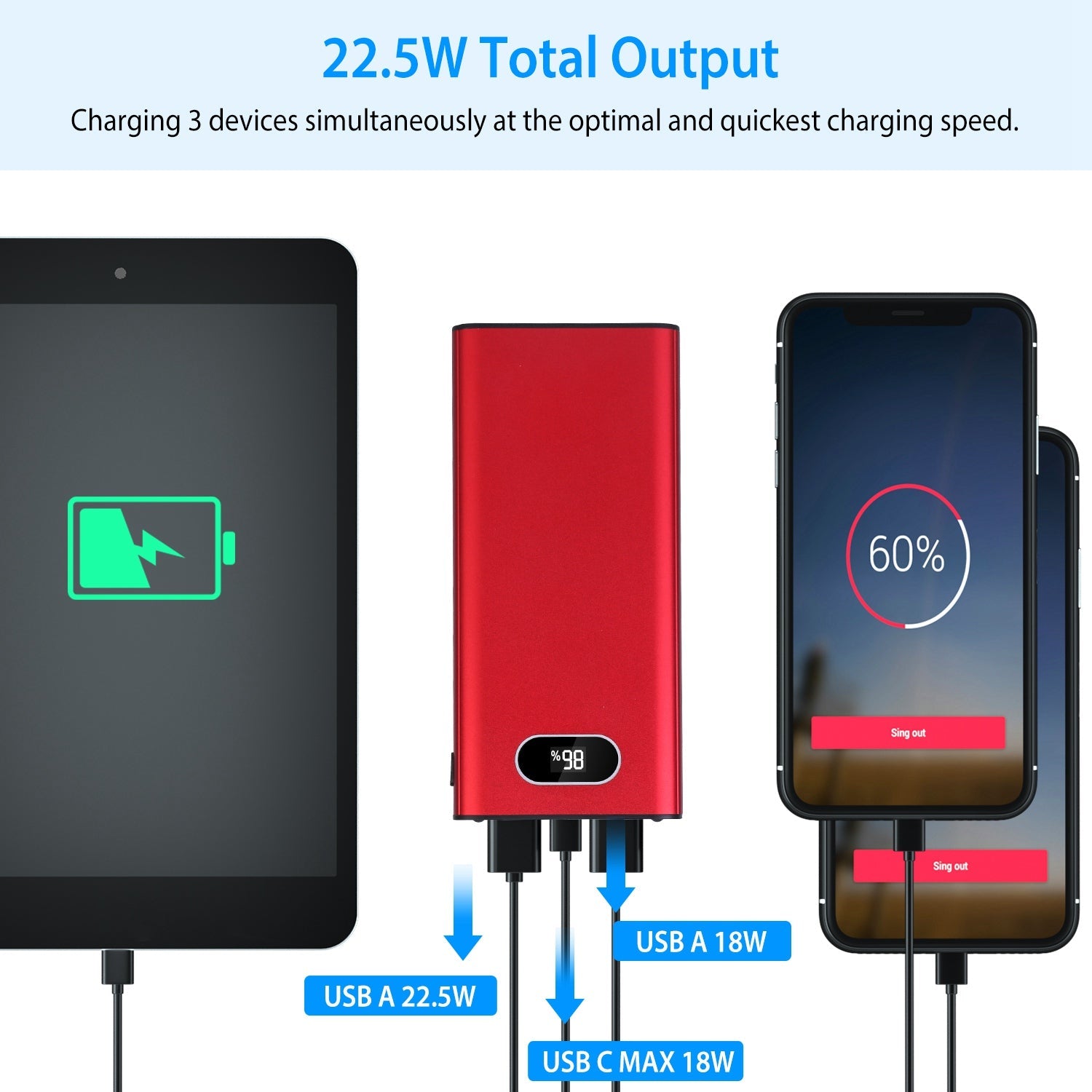 Green-Black-Red Color Options -- 1Pc 20000Mah Power Bank Portable