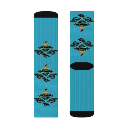 Yellow Pandora UFO Area 51 socks featuring extraterrestrial and spaceship designs in vibrant colors.