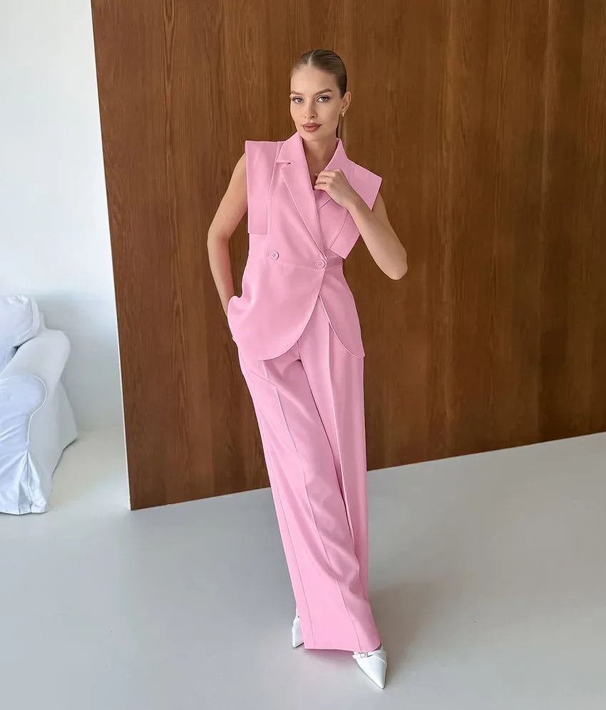 Pink Waistcoat Pants Suit Women Lapel Two Buttons Sleeveless Vest Blazer Wide Leg Pants Set 2025 New Lady Office Outfits Suit