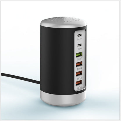 Maroon Asteria 6-port cylindrical adapter with 65W fast charging for mobile devices and laptops, showcasing multiple ports and compact design.