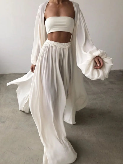 Summer Spring Women's Clothing Two Piece Set Long Sleeve Lantern Sleeve Solid Color Outfit Women's Suit Polyester Streetwear