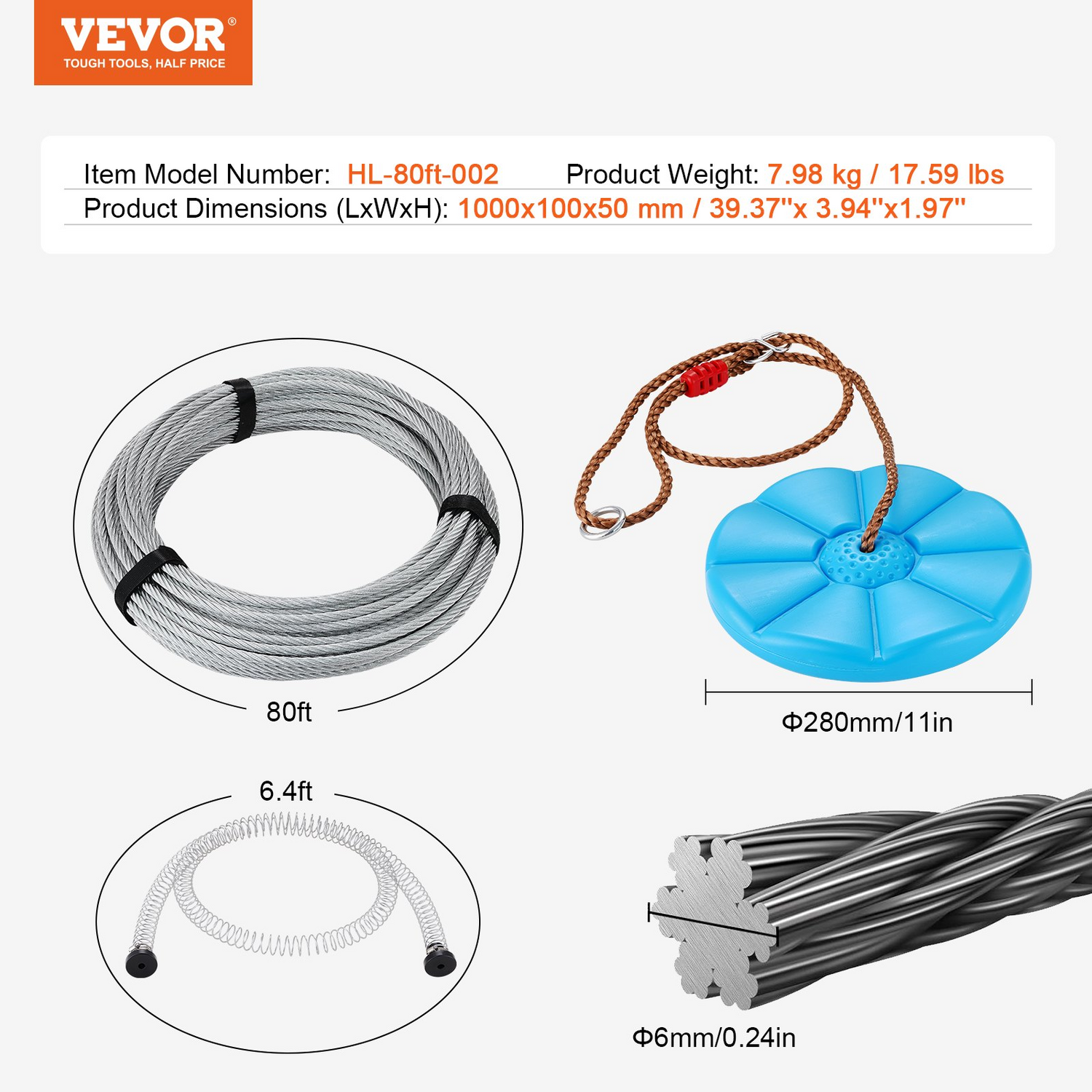Start2Finish VEVOR zipline kit with stainless steel cable, safety harness, seat, and spring brake for outdoor backyard fun and safety.