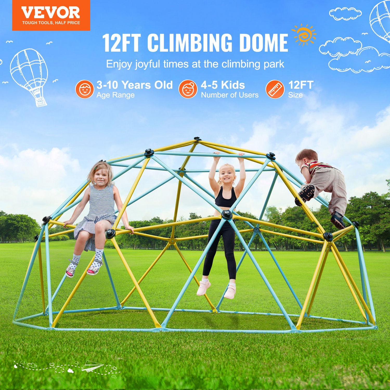 Start2Finish VEVOR 12FT climbing dome jungle gym for kids, outdoor backyard play equipment with climbing grips, supports 750LBS.