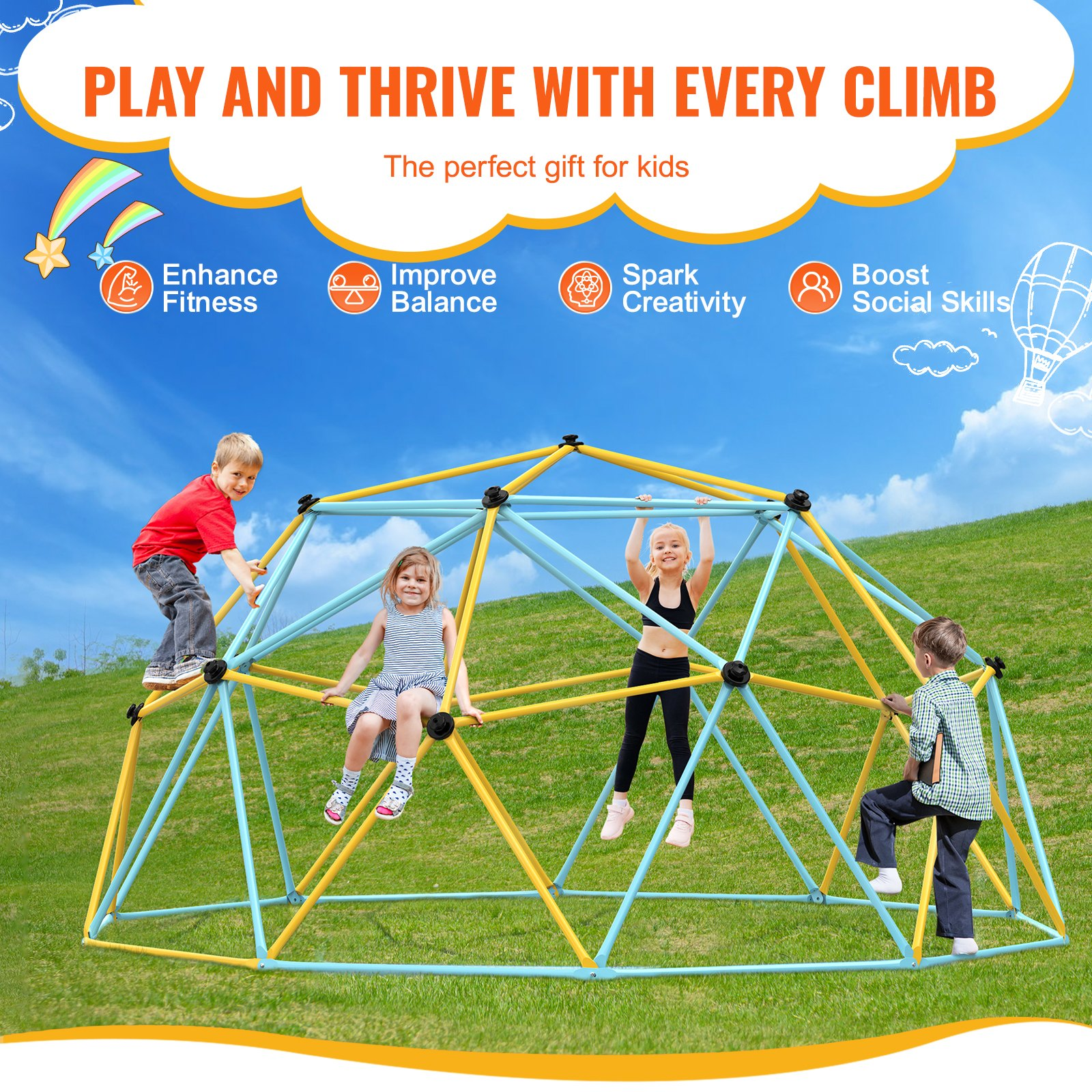 Start2Finish VEVOR 12FT climbing dome with climbing grips, outdoor backyard play equipment for kids aged 3-10, supports 750 lbs.