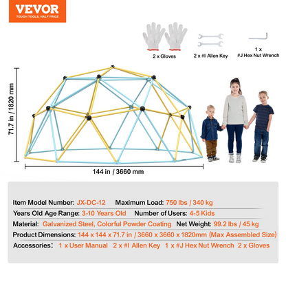 Start2Finish VEVOR 12FT climbing dome for kids, outdoor jungle gym with climbing grips, supports up to 750LBS, easy to assemble.